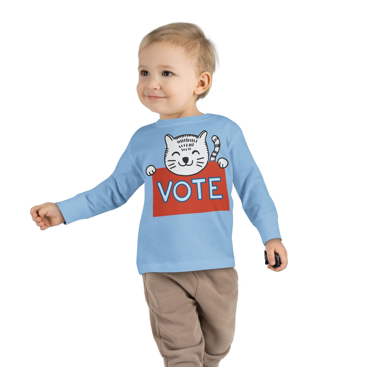 Toddler Vote Cat Shirt Long Sleeve Tee - Kids Political Election Activism Campaign Youth Top, Child Democracy Rally Apparel, Boys Girls Vote