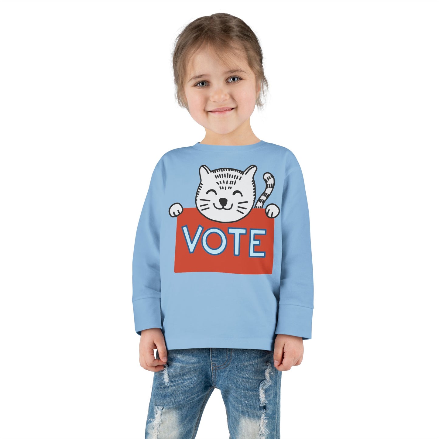 Toddler Vote Cat Shirt Long Sleeve Tee - Kids Political Election Activism Campaign Youth Top, Child Democracy Rally Apparel, Boys Girls Vote