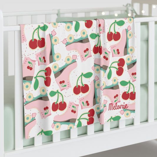 Roller Skate and Cherry Swaddle Blanket, Personalized Swaddle Blanket
