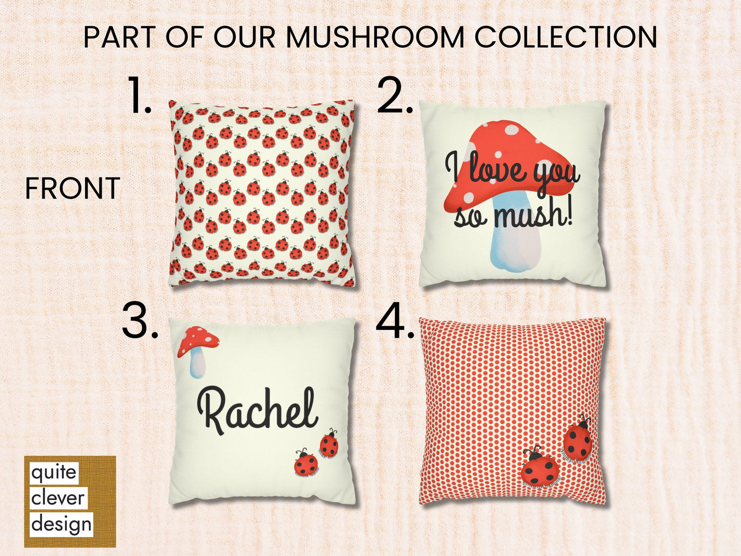 Ladybug Spun Polyester Square Pillowcase, Mushroom Collection Throw Pillow