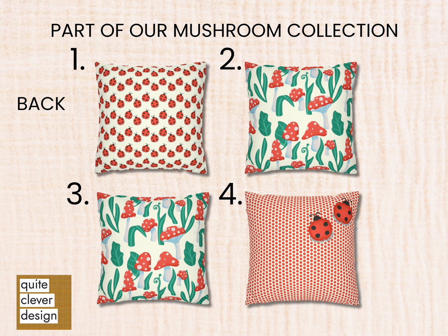 Ladybug Spun Polyester Square Pillowcase, Mushroom Collection Throw Pillow