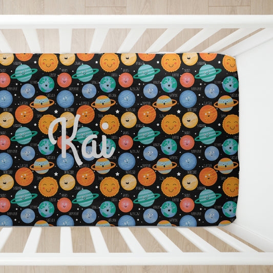 Smiling Planets Fitted Crib Sheet, Colorful Crib Sheet, Personalized Crib Sheet