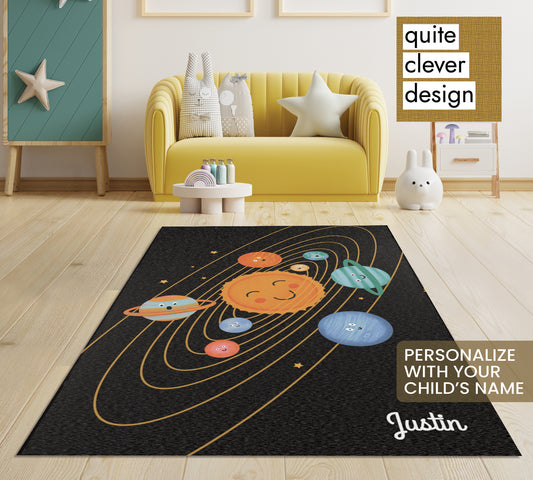 Happy Planets Rug, Personalized Space Rug, Solar System Rug